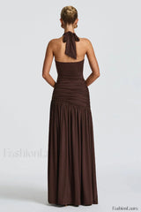 Halter Tie Backless Ruched Maxi Dress