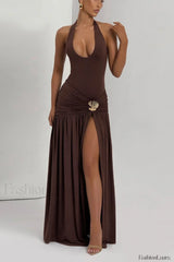 Halter Tie Backless Ruched Maxi Dress
