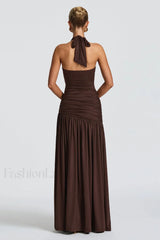 Halter Tie Backless Ruched Maxi Dress