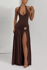 Halter Tie Backless Ruched Maxi Dress