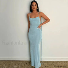 Halter Wrap Open Back Maxi Dress Blue / S