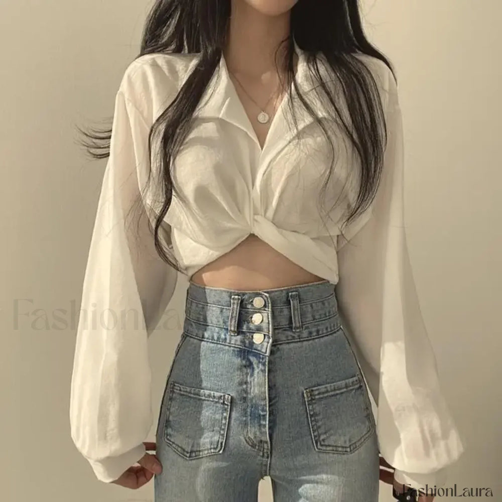 Harajuku Sexy Korean Black Female Blouse white / S