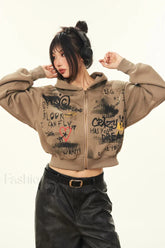 Harajuku Vintage Cropped Print Hooded Hoodie