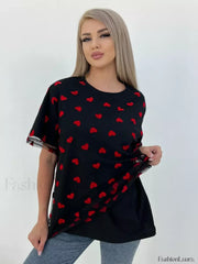 Heart Mesh Patchwork Cotton T Shirt Black / M