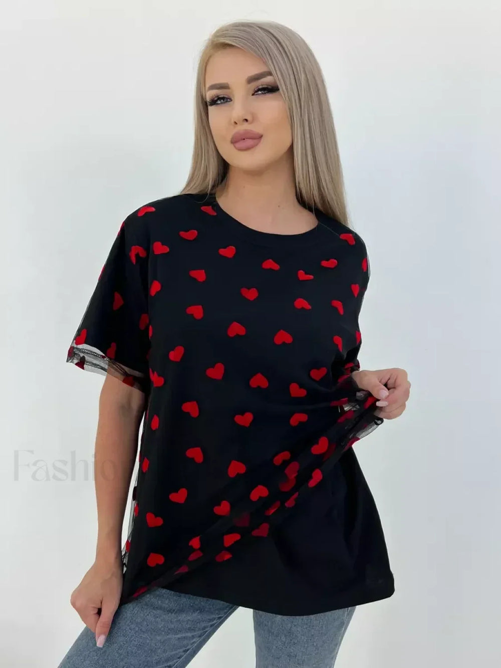 Heart Mesh Patchwork Cotton T Shirt Black / M