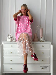 Heart Mesh Patchwork Cotton T Shirt pink dress / M