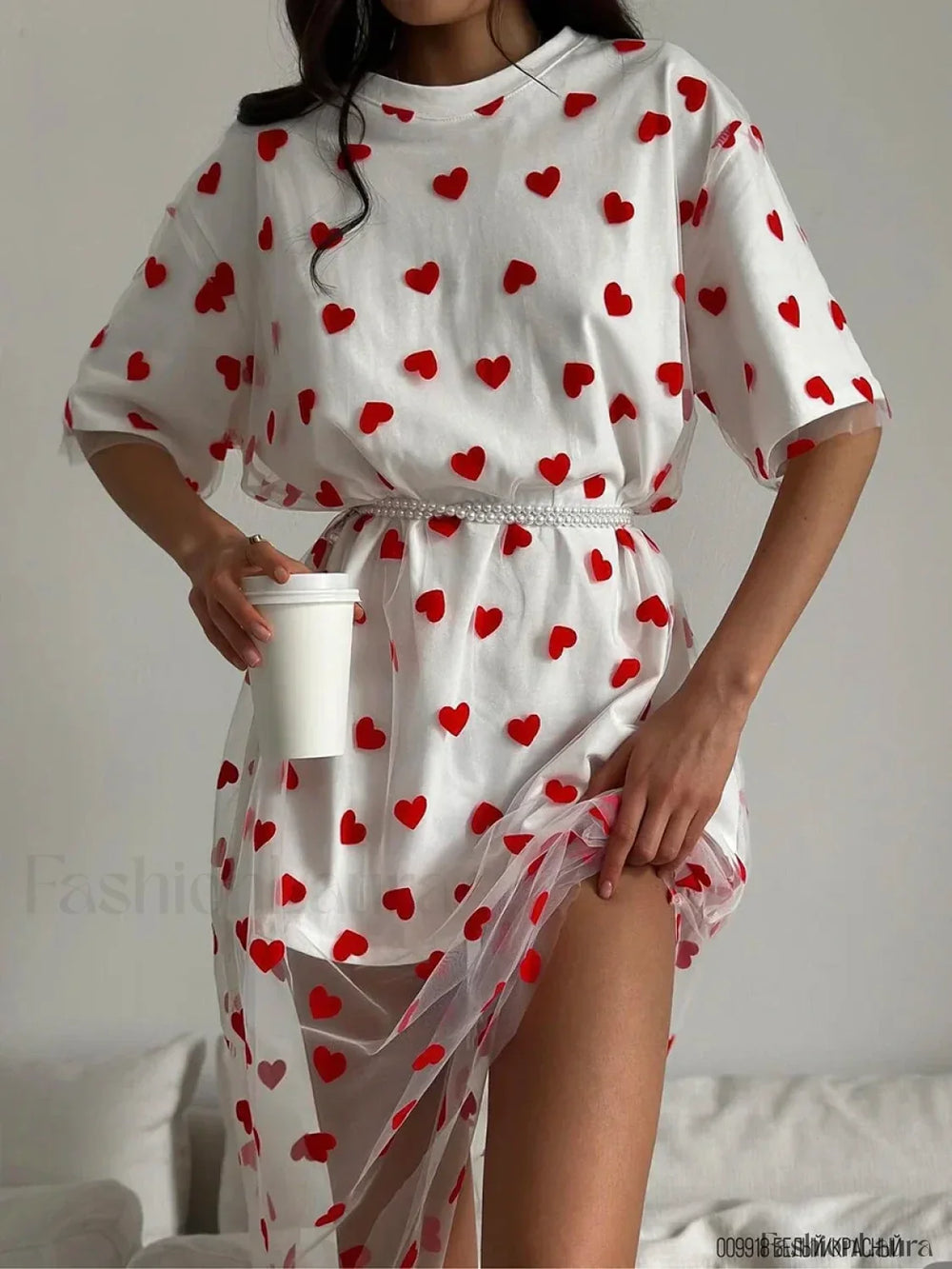 Heart Mesh Patchwork Cotton T Shirt White dress(Belt) / M