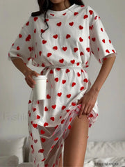 Heart Mesh Patchwork Cotton T Shirt White dress(Belt) / M