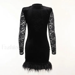 High Neck Long Sleeve Floral Lace Panel Trim Mini Dress Black Party Dresses L