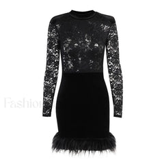 High Neck Long Sleeve Floral Lace Panel Trim Mini Dress Black Party Dresses L