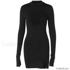 High Neck Long Sleeve Side Split Cutout Mini Dress Black Party Dresses L
