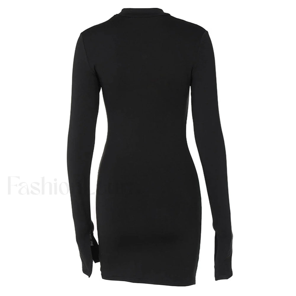 High Neck Long Sleeve Side Split Cutout Mini Dress Black Party Dresses L