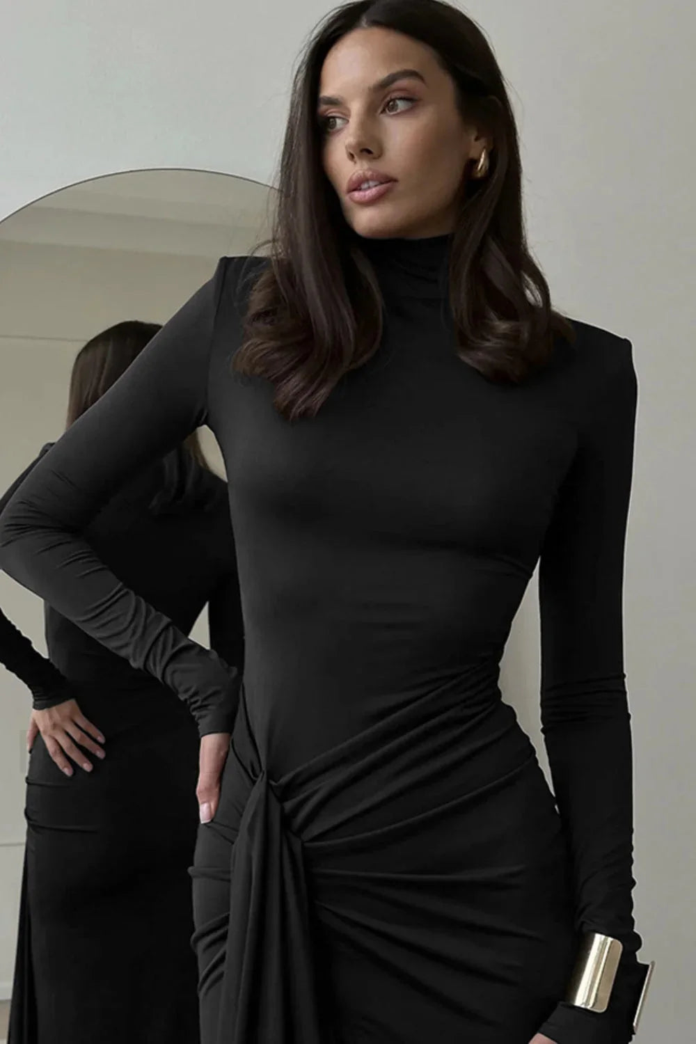 High Neck Patchwork Tie Maxi Dress