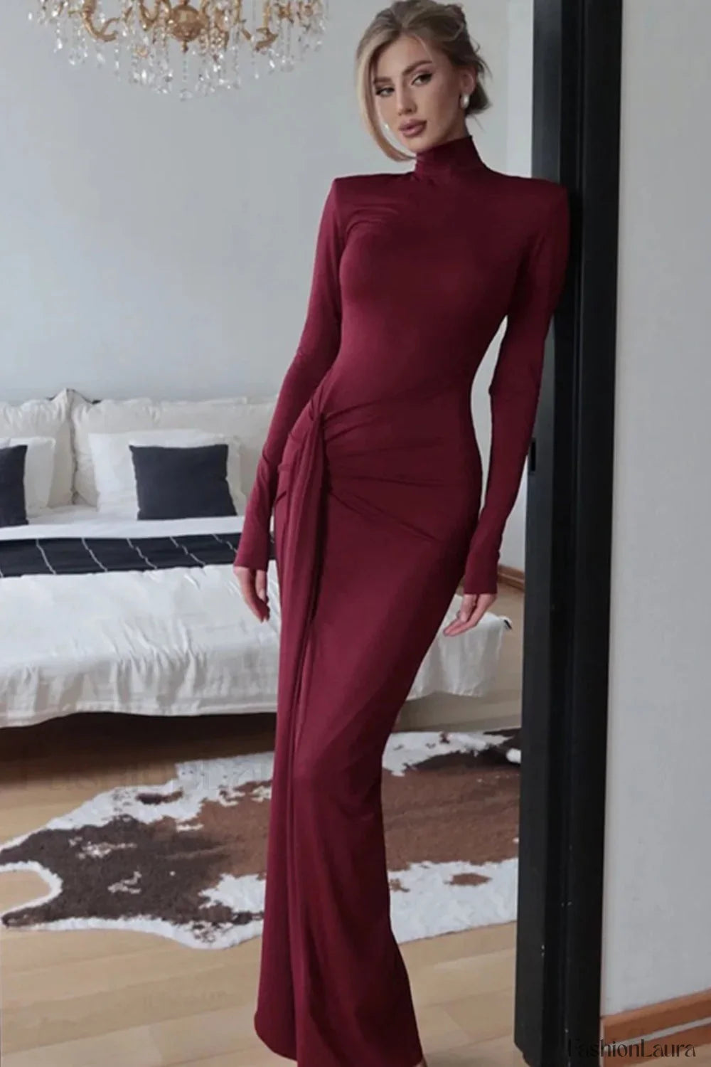 High Neck Patchwork Tie Maxi Dress Burgundy / S