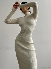 High Neck Ribbed Knit Long Sleeve Maxi Dress Maxi Dresses