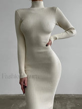 High Neck Ribbed Knit Long Sleeve Maxi Dress White / S Maxi Dresses