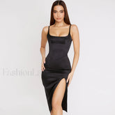 High Slit Slip Cocktail Midi Dress Black S / Black Party Dresses