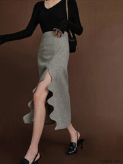 High waist Tweed Wavy Trendy Split Midi Skirt Camel / XS Skirts