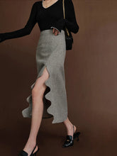 High waist Tweed Wavy Trendy Split Midi Skirt Camel / XS Skirts