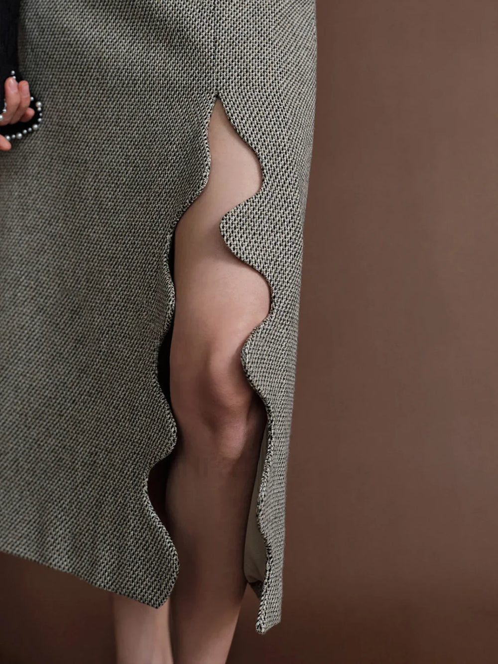 High waist Tweed Wavy Trendy Split Midi Skirt Skirts