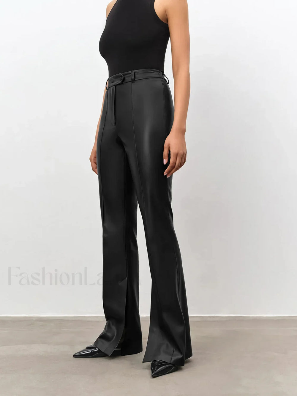 High Waisted Leather Straight Leg Flare Pants Pants