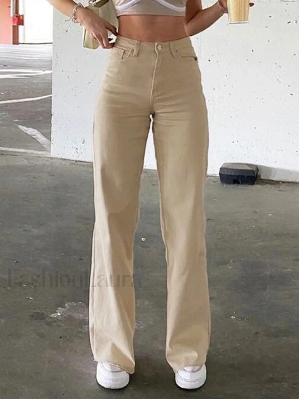 High Waisted Solid Flare Jeans Cream / S Flare Jeans
