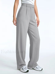 High Waisted Straight Trendy Leg Pleat Front Trousers Grey / XS Pants