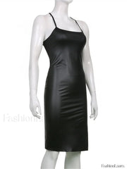 Hirigin PU Leather Black Party Halter Backless Bandage Club Slit Midi Dress