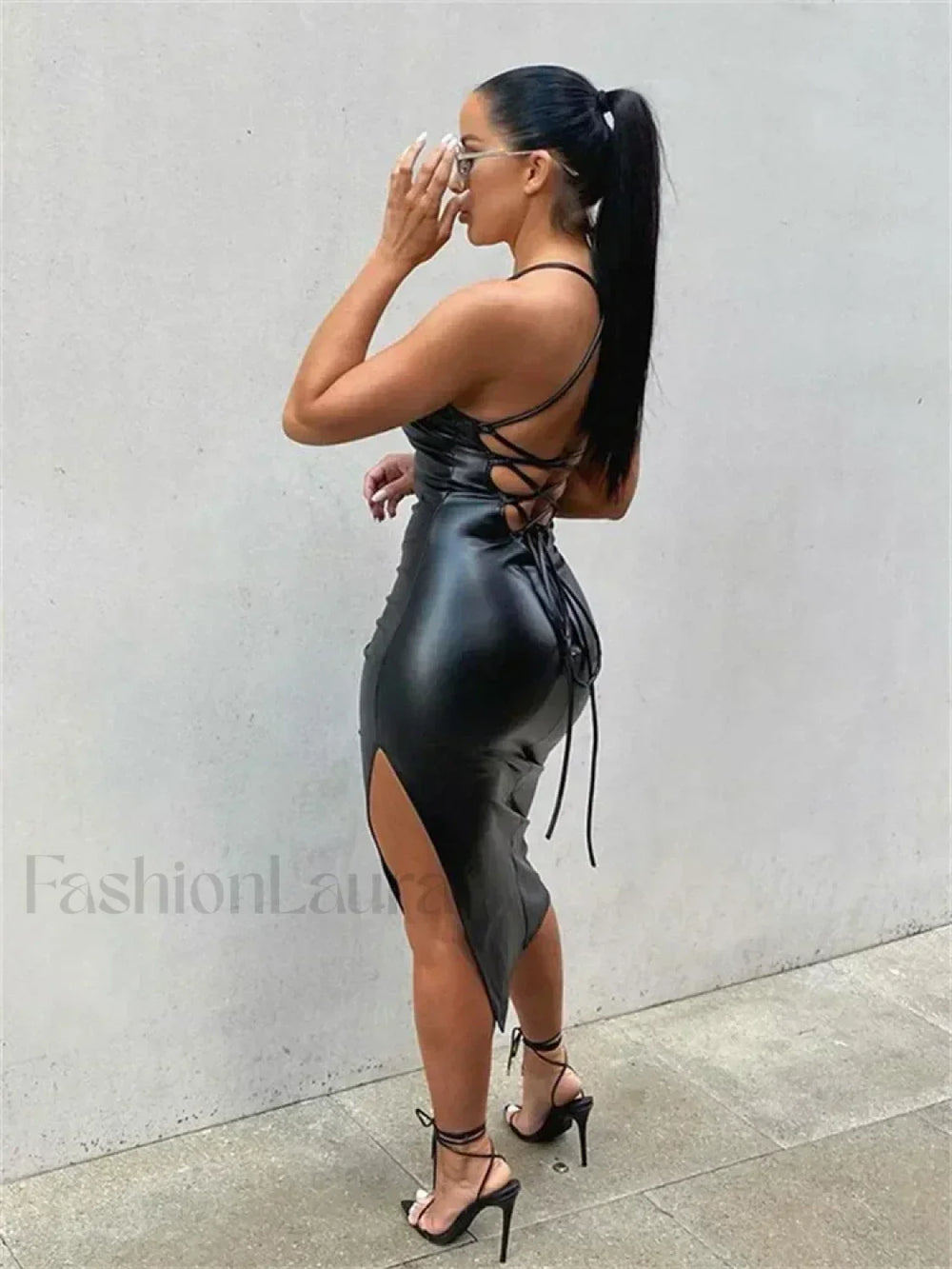 Hirigin PU Leather Black Party Halter Backless Bandage Club Slit Midi Dress