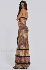 Hollow Pleated Lace Slit Suspender Maxi Dress