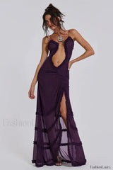 Hollow Pleated Lace Slit Suspender Maxi Dress