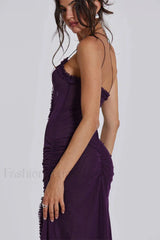 Hollow Pleated Lace Slit Suspender Maxi Dress