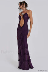 Hollow Pleated Lace Slit Suspender Maxi Dress