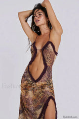 Hollow Pleated Lace Slit Suspender Maxi Dress