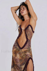 Hollow Pleated Lace Slit Suspender Maxi Dress