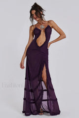 Hollow Pleated Lace Slit Suspender Maxi Dress