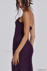 Hollow Pleated Lace Slit Suspender Maxi Dress