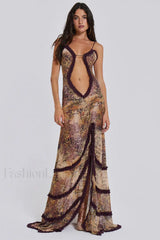 Hollow Pleated Lace Slit Suspender Maxi Dress Brown / M