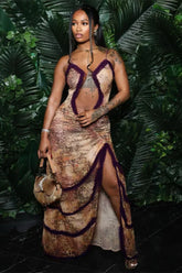 Hollow Pleated Lace Slit Suspender Maxi Dress Purple / M