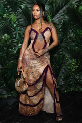 Hollow Pleated Lace Slit Suspender Maxi Dress Purple / M