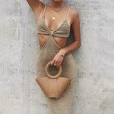 Hollow Wrapped High Waist Maxi Dress Khaki / S