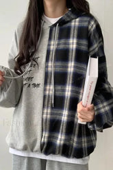 Hooded Patchwork Plush Plus Size Hoodie Grey / S