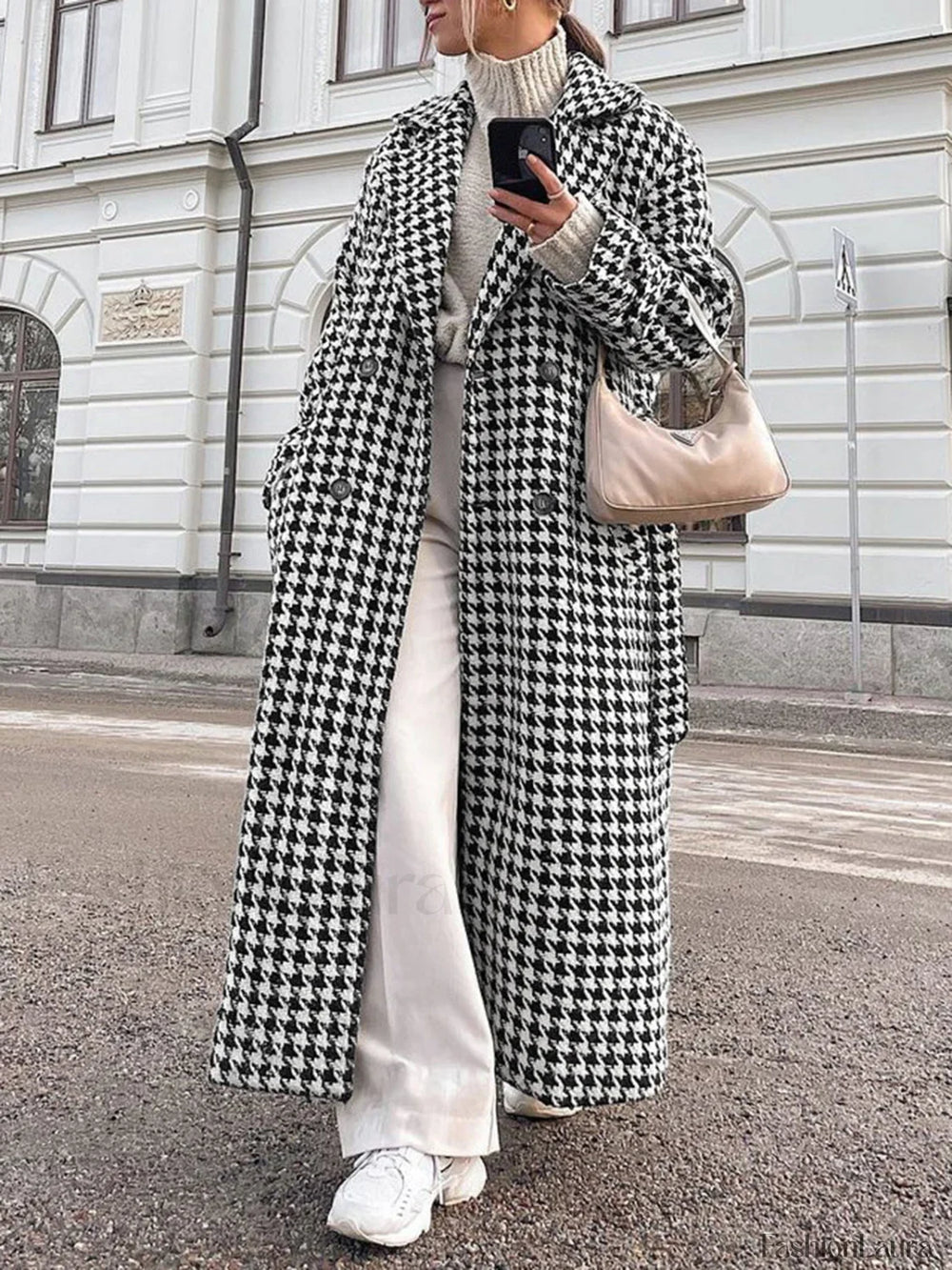 Houndstooth Tweed Graceful Trench Coat Wool Coats
