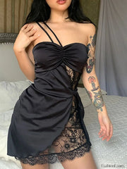 Irregular One Shoulder Lace Paneled Mini Dress Mini Dresses