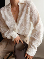 Jacquard Floral Graceful Collared Shirt Apricot / XS Shirts