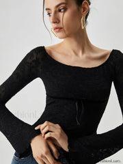 Jacquard Lace Semi sheer Trendy Bowknot Crossover Blouse Blouses