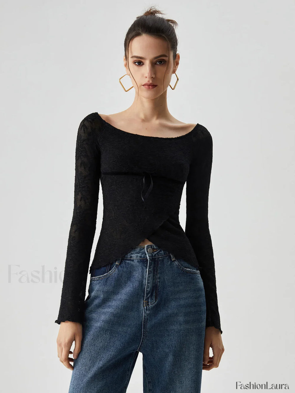 Jacquard Lace Semi sheer Trendy Bowknot Crossover Blouse Blouses