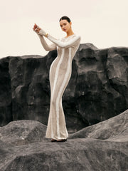 Jacquard Striped Graceful Crochet Long Dress Sweaters L