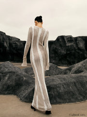 Jacquard Striped Graceful Crochet Long Dress Sweaters L