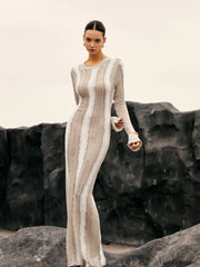 Jacquard Striped Graceful Crochet Long Dress Sweaters L